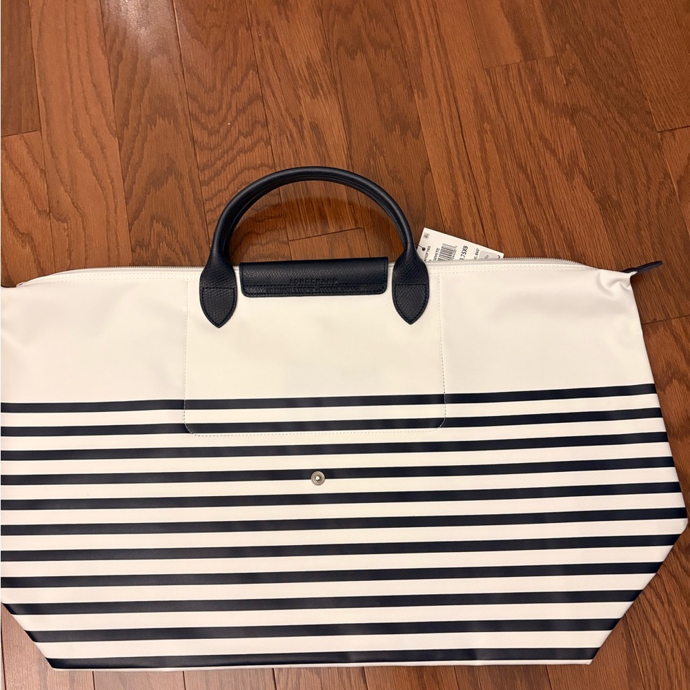 Longchamp Navy and White Striped Tote